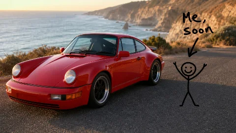 A red sports car on a coastal road. The goal.