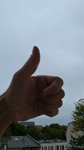 A thumbs-up against a cloudy sky over rooftops.